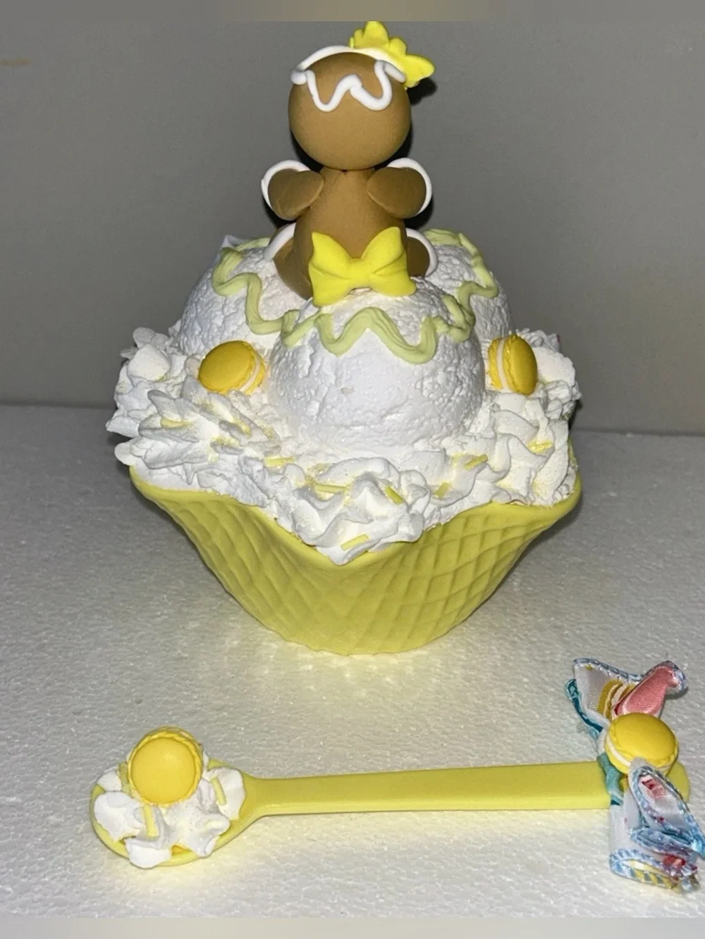 Yellow & White Fake Gingerbread Macaron Ice Cream Bowl Display Handmade